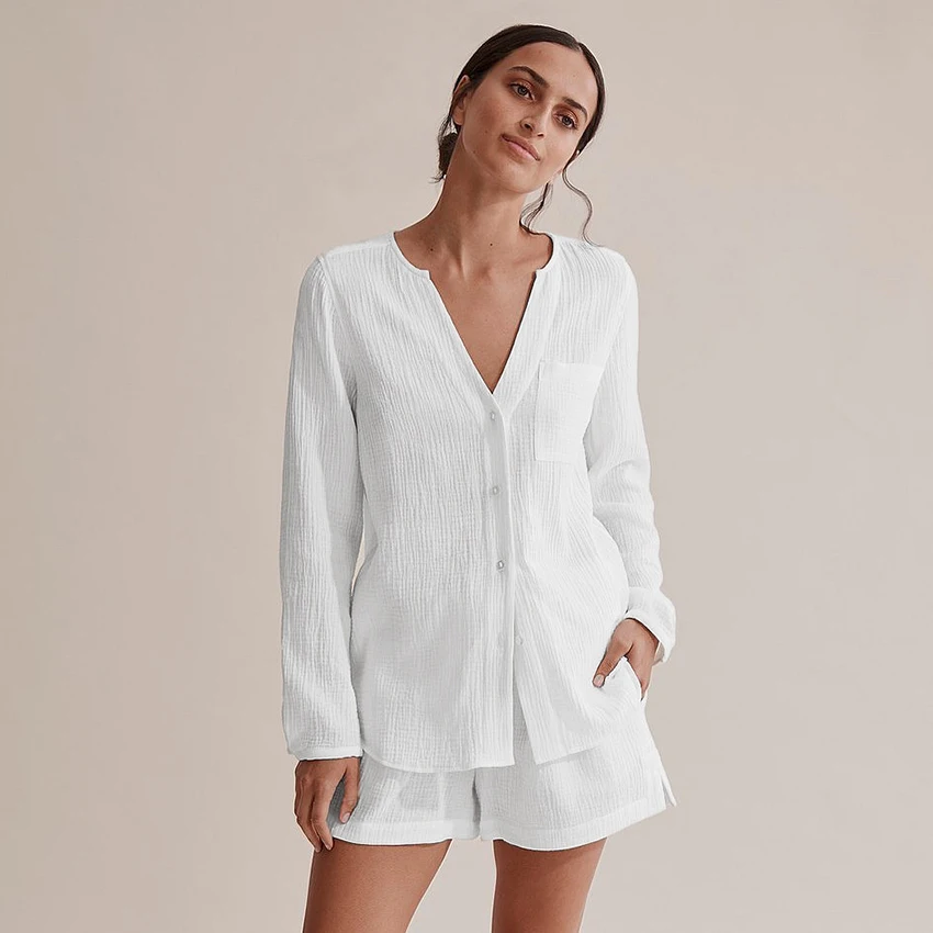 

Hiloc Pocket White Sleepwear Cotton Suits With Shorts Female Lacing Long Sleeves Set Woman 2 Pieces V-Neck Women Pajama Spring