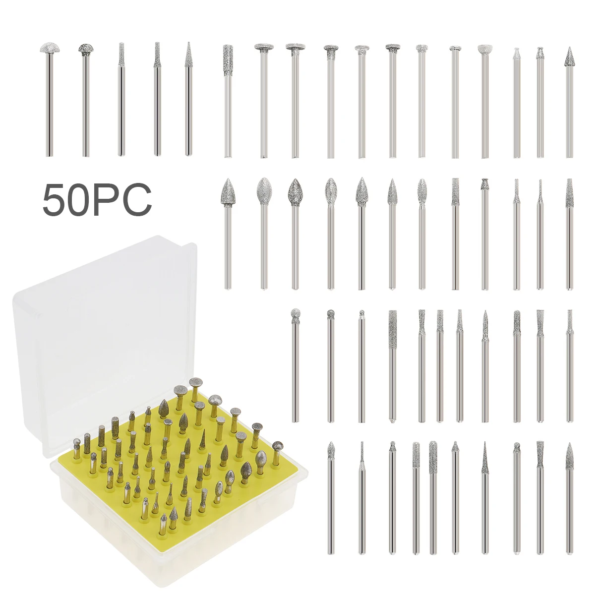 50pcs/set Small head Diamond Coated Grinding Grinder Head Glass Burr with Plastic Box for Rotary Tools Metalworking
50pcs/set Small head Diamond Coated Grinding Grinder Head Glass Burr with Plastic Box for Rotary Tools Metalworking