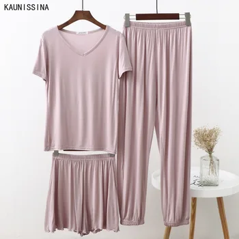 3pcs Summer Modal Suit Women Short-Sleeved Leisure Tops Pants Three Piecces Pajamas Casual House Wear Comfort Sleepwear Clothes