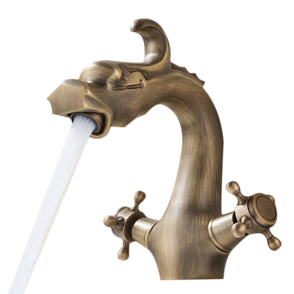 

Taps Cold And Hot Water Tap Antique Brass Bathroom Faucet Dual Handle Dragon Lavatory Sink Basin Mixer Deck Mounted One Hole