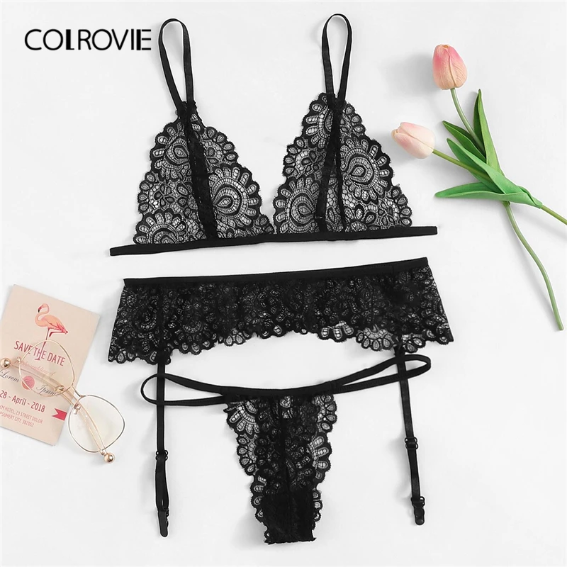 COLROVIE Black Lace Garter Lingerie Set Women Intimates 2019 Solid Sexy Sets Wireless Bra And Thongs Ladies Underwear Set
COLROVIE Black Lace Garter Lingerie Set Women Intimates 2019 Solid Sexy Sets Wireless Bra And Thongs Ladies Underwear Set