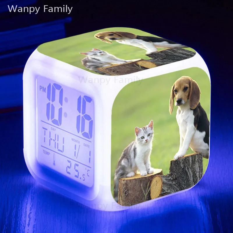 Very Lovely Pet Dog Cat Alarm Clock LED Color Changing Glowing Digital For Kids Birthday Gifts Luminous Night Lights Electronic | Дом и сад