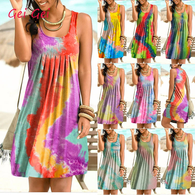 Sexy Sleeveless Woman Dress Print O-Neck Summer Dresses For Women 2020 Female Loose Casual Tie Dye Dresses Plus Size Vestidos