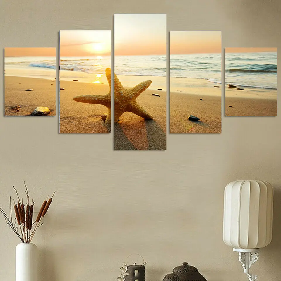 

Starfish in Sunset Beach 5 Panel Canvas Picture Print Wall Art Canvas Painting Wall Decor for Living Room Poster No Framed