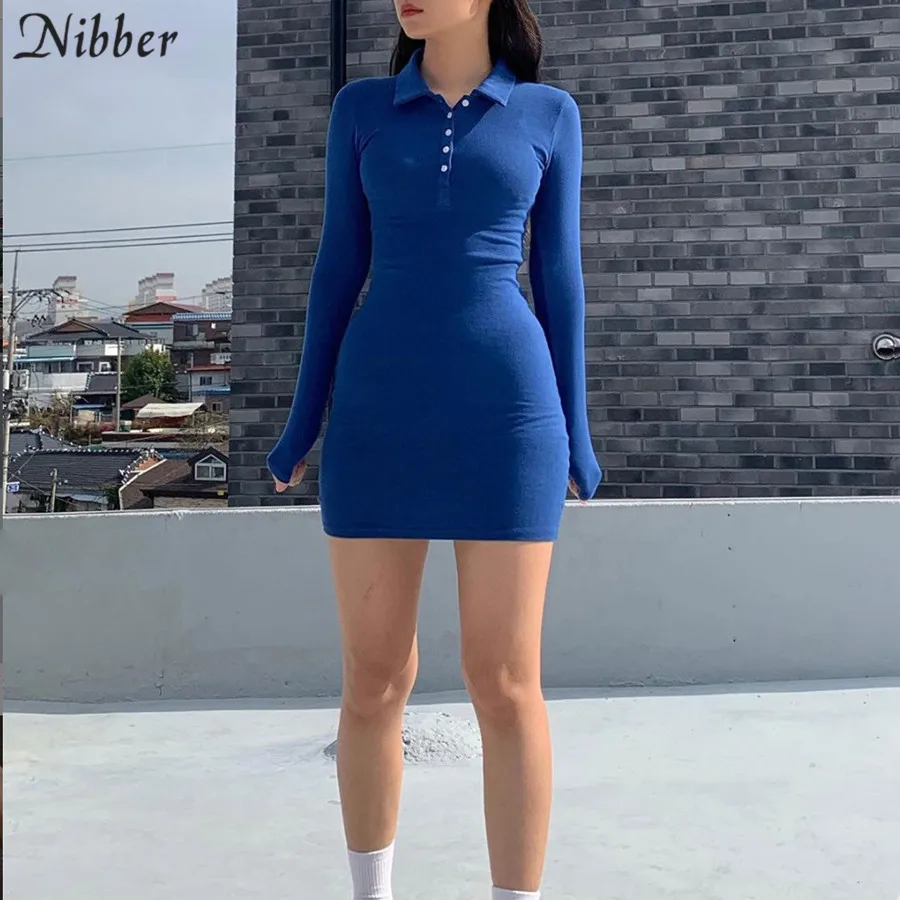 Nibber cotton Lapel Elastic Slim Soft High waist dresses Solid color casual simple girl College style sweet 2020 Spring femal