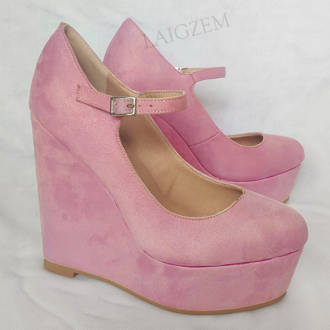 

LAIGZEM Women Pumps Platform Wedges Faux Suede Buckle Strap Shoes Woman Party Prom Wedding Sandals Handmade Big Size 42 44 50 52