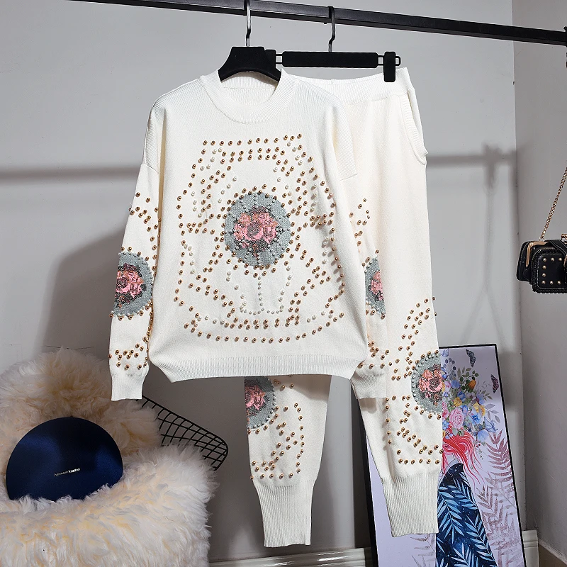 White Knitted Tracksuits Women Outfits Manual Beading Pullover Sweater lONG Pants Set Korean Loose Casual Knitting Suit Female
White Knitted Tracksuits Women Outfits Manual Beading Pullover Sweater lONG Pants Set Korean Loose Casual Knitting Suit Female