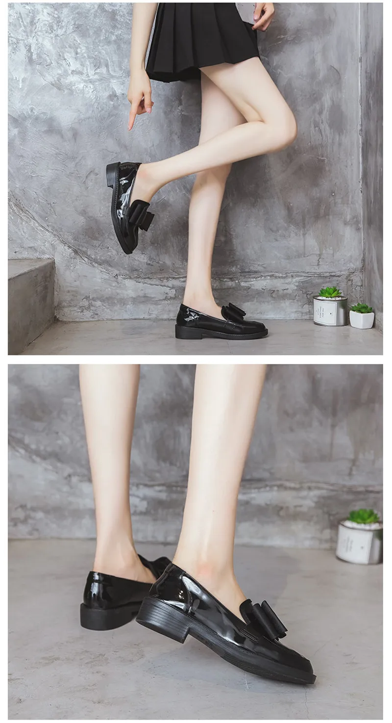 2020 Spring Summer New Patent Leather Oxford Shoes For Woman British Female Black Flats Brogues Shoes Bow Loafers Women`s Shoes (7)