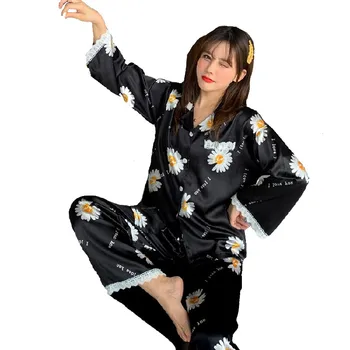 Woman Ice Silk Simulation Pajamas Set Lapel Cardigan Lace Female Pyjamas Suit Long Sleeve Autumn Pijama Women's Home Service Top
Woman Ice Silk Simulation Pajamas Set Lapel Cardigan Lace Female Pyjamas Suit Long Sleeve Autumn Pijama Women's Home Service Top