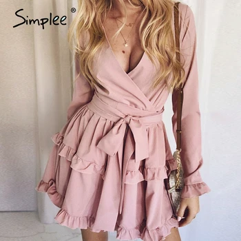Simplee Sexy v-neck women dress Ruffled long sleeve solid work sash summer dress Streetwear ladies chic holiday party dress 2020
Simplee Sexy v-neck women dress Ruffled long sleeve solid work sash summer dress Streetwear ladies chic holiday party dress 2020