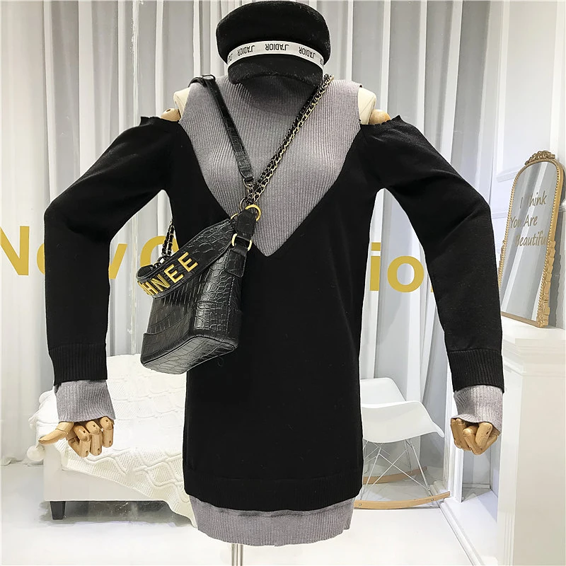 Designer Knitted Turtleneck Dress Winter Sexy & Club Straight Patchwork Hollow Out Above Knee, Mini Dresses Woman Party Night 
Designer Knitted Turtleneck Dress Winter Sexy & Club Straight Patchwork Hollow Out Above Knee, Mini Dresses Woman Party Night