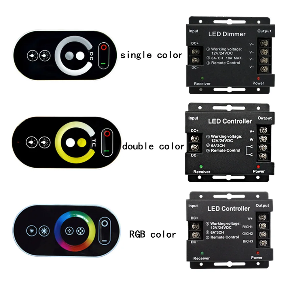 Touch LED RGB Single color Dimmer Controller RF 433MHz Wireless 18A 216W DC 12V 24V LED Remote Control for LED Strip lights
Touch LED RGB Single color Dimmer Controller RF 433MHz Wireless 18A 216W DC 12V 24V LED Remote Control for LED Strip lights