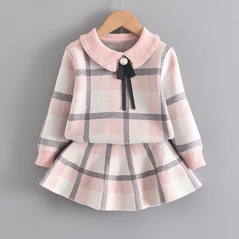 Осенне-зимний вязаный свитер для девочек модный клетчатый маленьких с принтом
