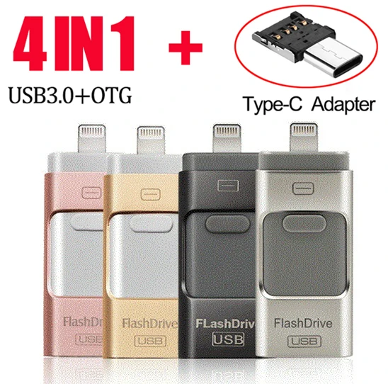 

2021 New 4 in 1 128GB 64GB 32GB 16GB 8GB Metal USB 3.0 OTG Drive USB Flash Drives for iPhone for iPad for iPod and Android Phone