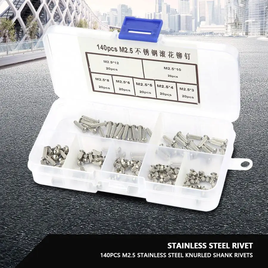 M2.5 Stainless Steel Round Knurled Shank Solid Rivets Assortment Set countersunk rivets 140pcs/lot
M2.5 Stainless Steel Round Knurled Shank Solid Rivets Assortment Set countersunk rivets 140pcs/lot