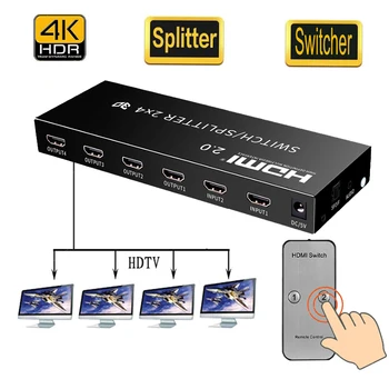 

HDMI Switch 6 Port HDMI Splitter 3.5mm Audio Extractor Converter Adapters 4K/60Hz 2 In 4 Out Extractor Remote Jack Toslink SPDIF