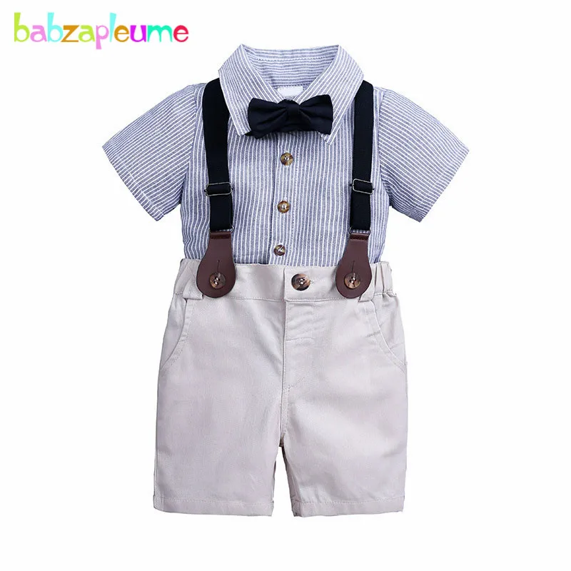 

4Piece/2020 Kids Summer Outfits Baby Boys Clothes Fashion Gentleman Stripe T-shirt+Shorts+Strap+Bow Newborn Clothing Sets BC1348