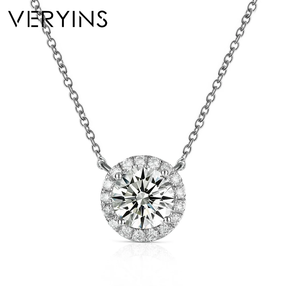 Veryins Solid 14K White Gold 18 Inch Chain 1ct D Color Moissanite Diamond Halo Pedant Necklace for Women Gift | Украшения и