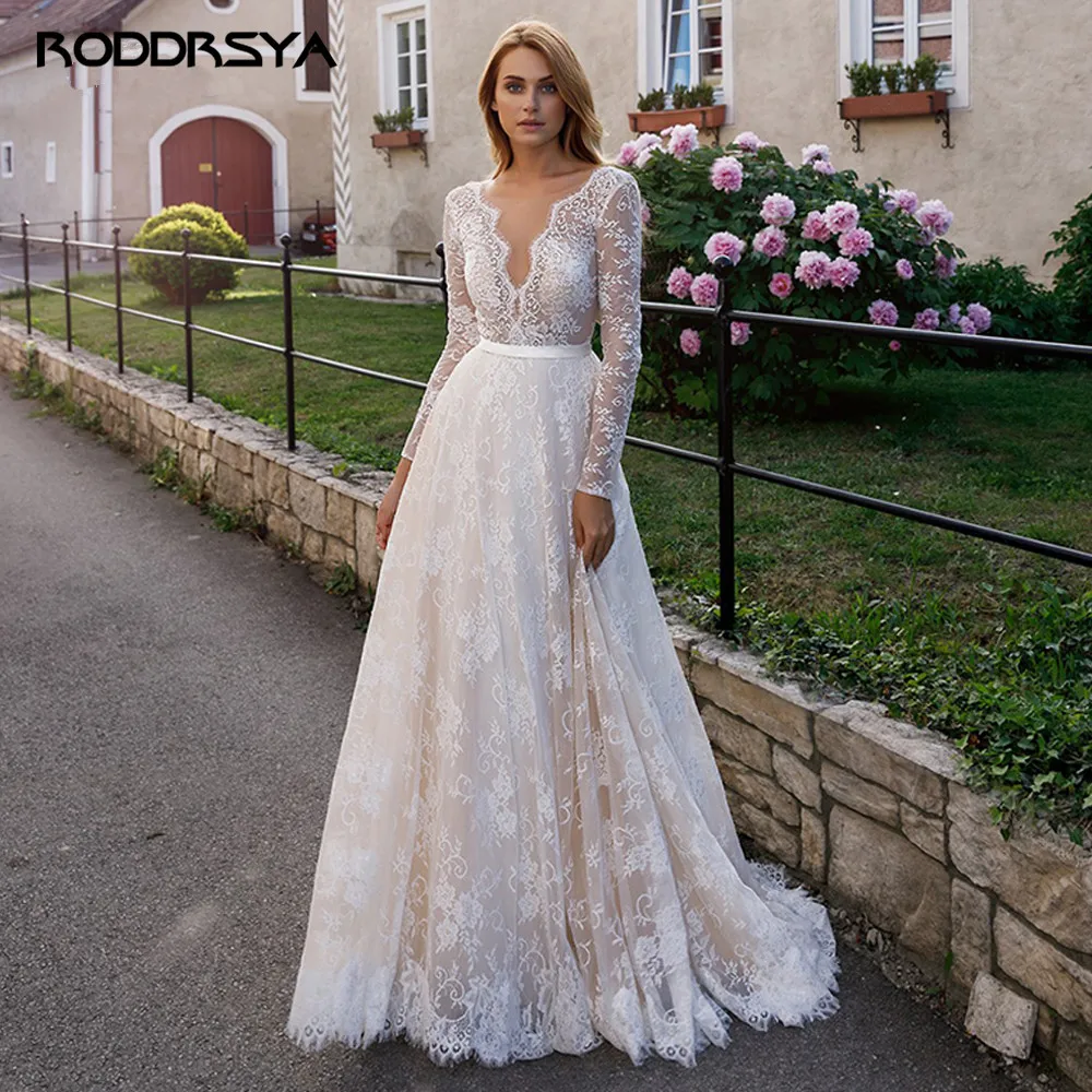 RODDRSYA Lace Long Sleeve Wedding Dress 2021 Bridal Light Champagne Beach Bride Gown For Women Sweep Train A-line Bohemian | Свадьбы и