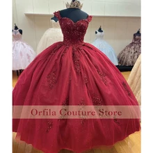 

Burgundy Sweetheart Ball Gown Quinceanera Dresses For Vestido De 15 Anos Off The Shoulder Applique Cinderella Party