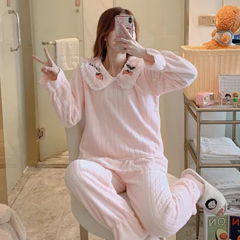 Thickened Flannel Baby Collar Cute Sleepwear 2PCS Casual Nightgown Pajama Set Women Home Suit Pijama Mujer пижама женская
Thickened Flannel Baby Collar Cute Sleepwear 2PCS Casual Nightgown Pajama Set Women Home Suit Pijama Mujer пижама женская