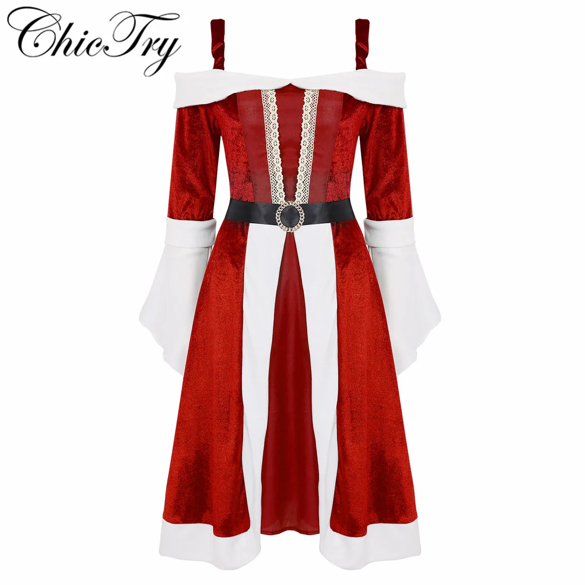 

Womens Soft Velvet Christmas Xmas Costume Mrs Miss Santa Claus Cosplay Fancy Dress Long Flared Sleeves Midi Dress with Belt