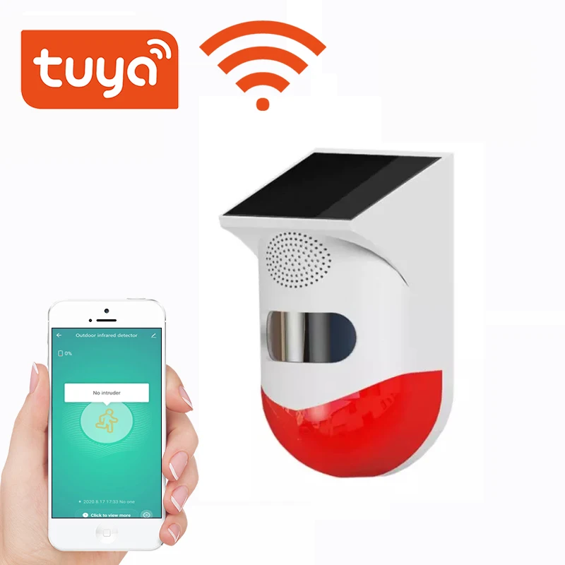 Tuya Wifi Solar Infrared Detector Outdoor waterproof PIR Sensor Built-in rechargeable battery buzzer 120dB Smart life | Безопасность и