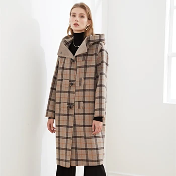Winter 2020 Women's Medium And Long College Style Check Hooded Ox Horn Button Wool Coat Double Faced Tweed Coat