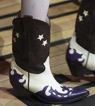 Fashion Week Style Mid-calf Boots For Women Mixed Color Embroidery Cowboy Boots Square Toe Kitten Heels Slip On Knight Booties
Fashion Week Style Mid-calf Boots For Women Mixed Color Embroidery Cowboy Boots Square Toe Kitten Heels Slip On Knight Booties