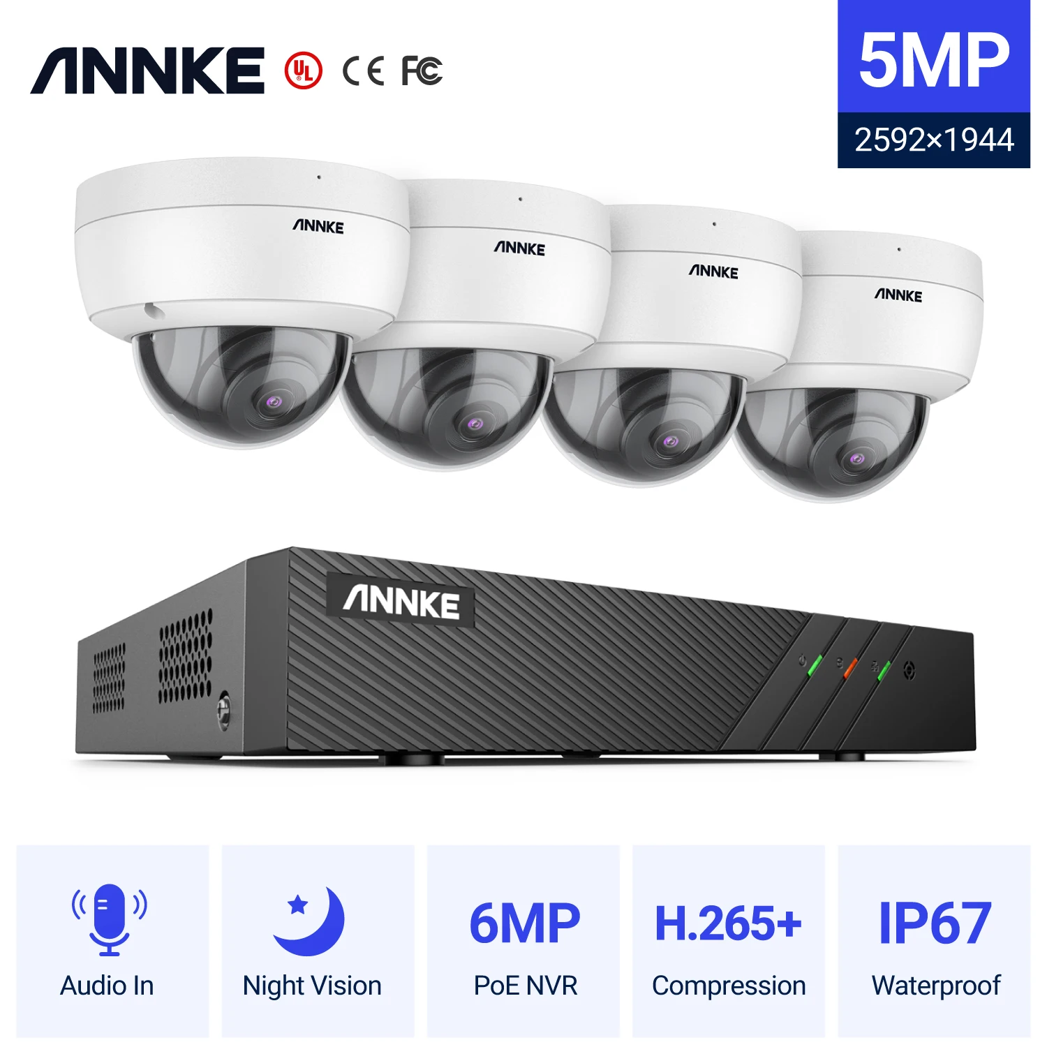 Система видеонаблюдения ANNKE 5 Мп FHD POE H.265 + 6 МП NVR Всепогодная | Безопасность и