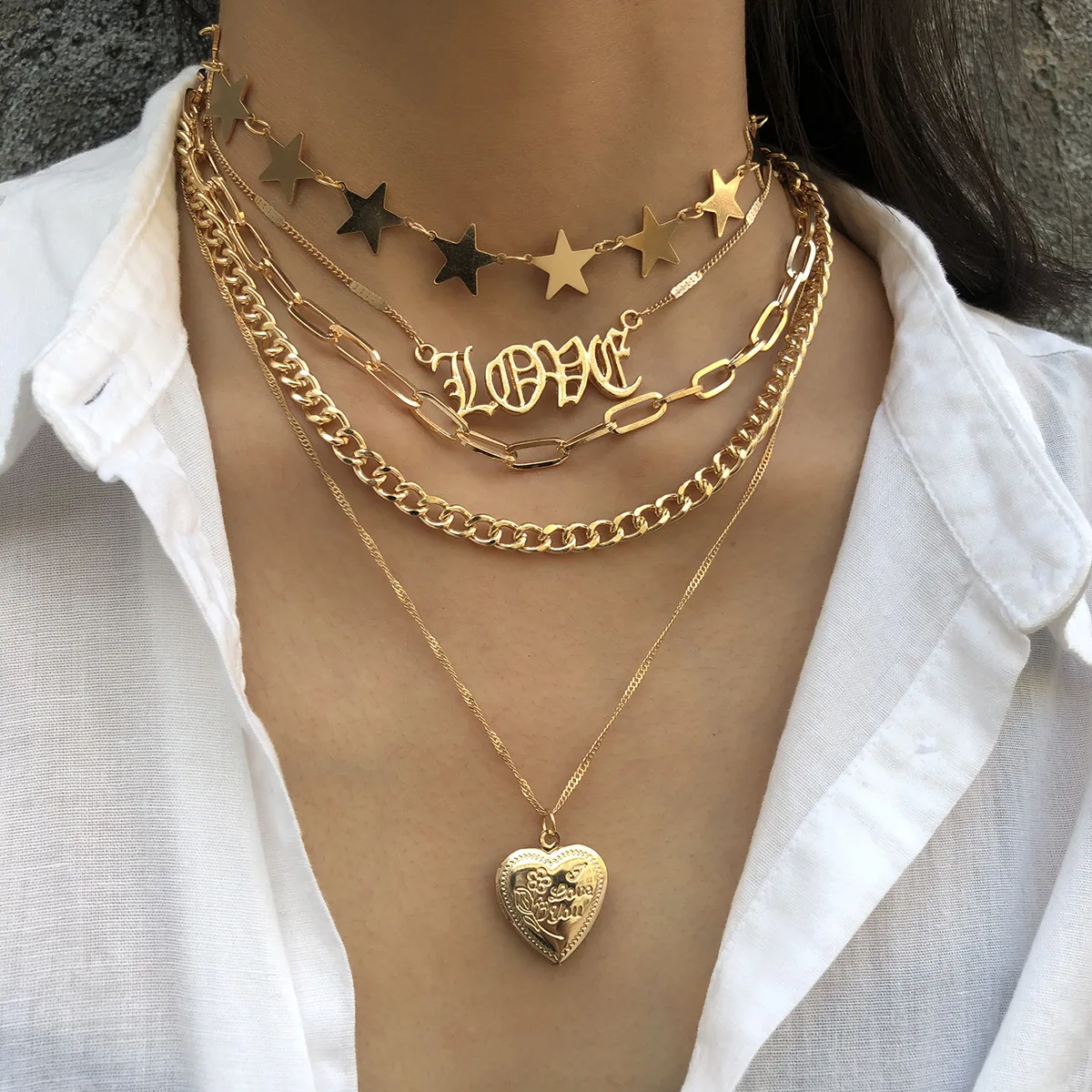 Многослойная цепочка в стиле ретро панк звезда сердце буквы женское ожерелье