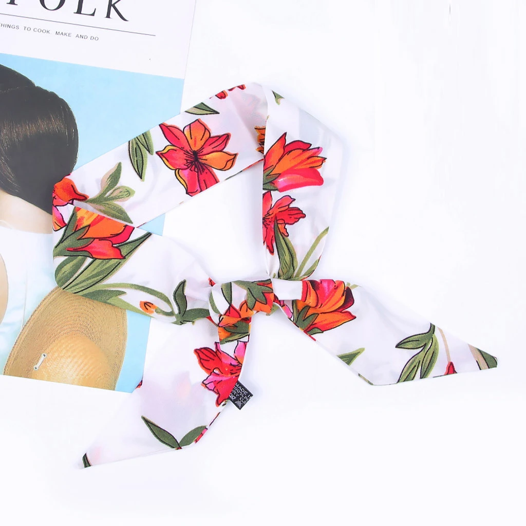 Square Scarf Hair Tie Band Flower Printing Business Party Women Elegant Small Vintage Skinny Retro Head Neck Scarf 919