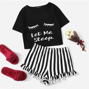 Black Graphic Tee Frilled Striped Shorts PJ Round Neck Short Sleeve Set 2020 Summer Women Patchwork Sleepwear DZA267 
Black Graphic Tee Frilled Striped Shorts PJ Round Neck Short Sleeve Set 2020 Summer Women Patchwork Sleepwear DZA267