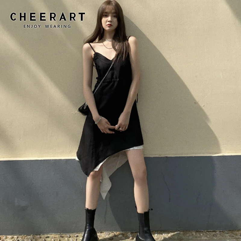 

CHEERART Black Layer Slip Dresses For Women 2021 Summer Backless V Neck Spaghetti Strap Asymmetrical Dress Fashion Sundress