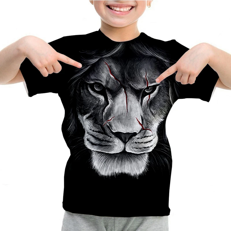 

Детская модная футболка с объемным рисунком льва, летняя футболка с коротким рукавом в стиле Харадзюку для мальчиков, футболка с тигром, волком, футболки для подростков, детская одежда