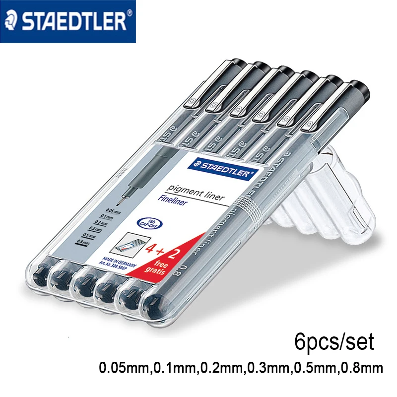 

Staedtler 308 SB6P pigment liner fineliner needle pen Black ink waterproof 0.05/0.1/0.2/0.3/0.5/0.8mm 6pcs/set