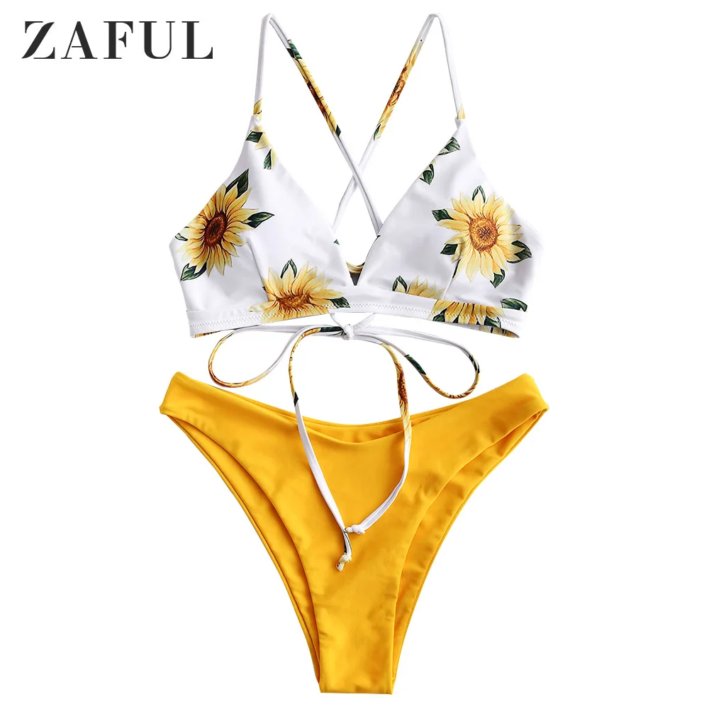 

ZAFUL Sunflower Print Lace-Up Crisscross Bikini Set Women Sexy High-Cut Legs Beachwear Summer Casual Swimsuits Brazilian Biquini