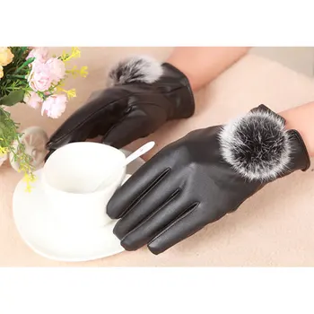 

1Pair New Winter Soft Mittens Warm PU Leather Rabbit Fur Balls Female Gloves Touches Screen Women Gloves EIG88