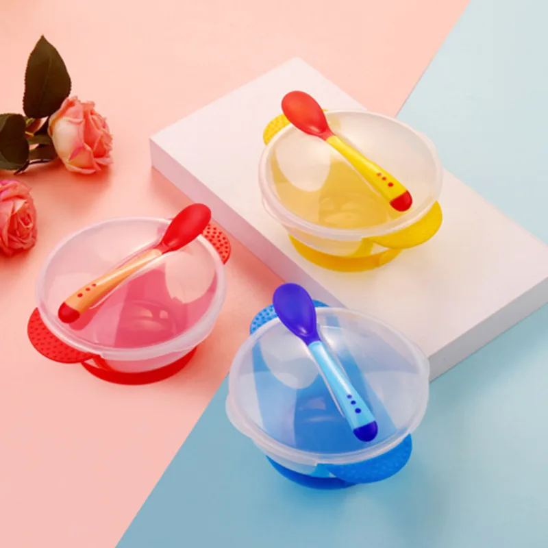 

2Pcs Silicone Baby Feeding Bowl With Temperature Sensing Spoon Kid NonSlip Learning Tableware Dishes Dinnerware Set BPA Free