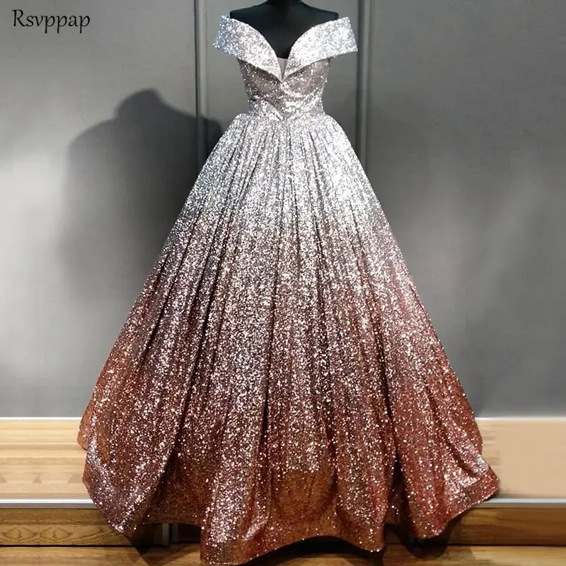 Sparkly Evening Dresses Long 2021 Ball Gown Cap Sleeve Glitter Arabic Dubai Style abendkleider Women Formal Gowns | Свадьбы и