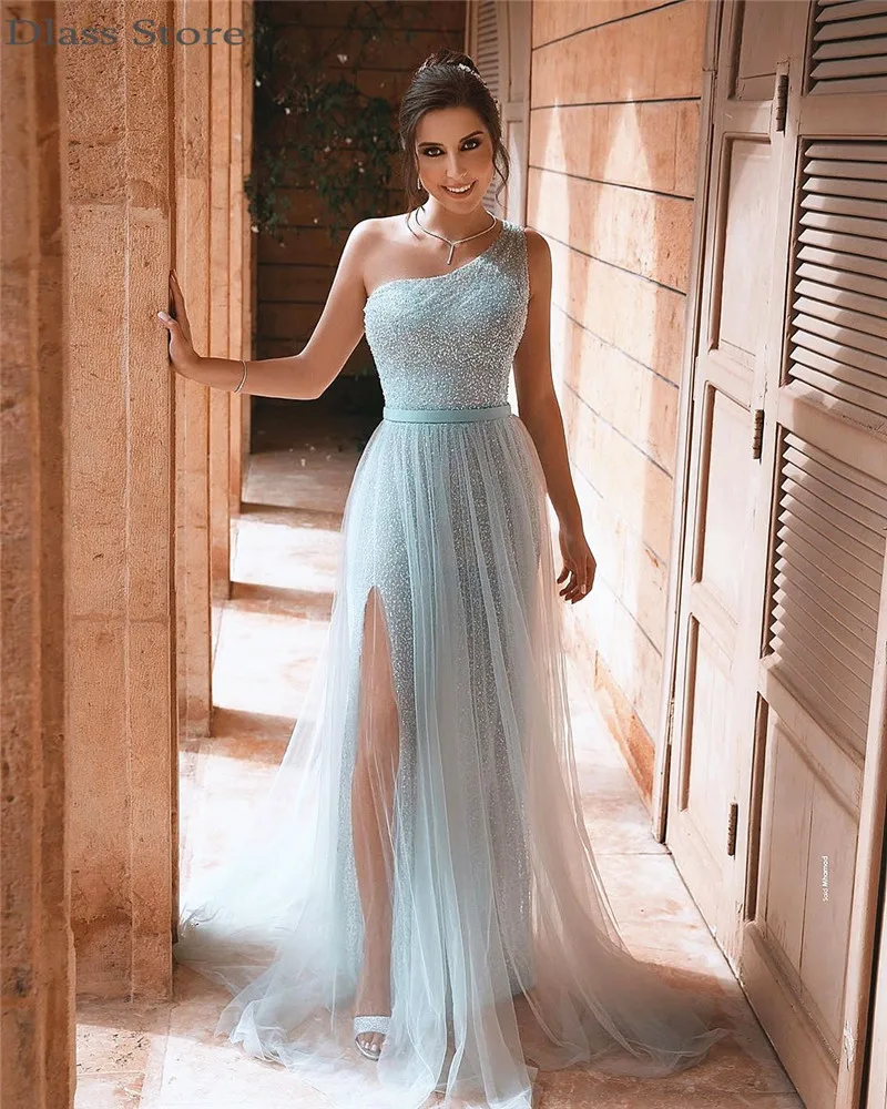 Light Blue Evening Dress 2020 Tulle Sequin One Shoulder Sleeveless A-line Split Floor Length Simple Prom Dress
Light Blue Evening Dress 2020 Tulle Sequin One Shoulder Sleeveless A-line Split Floor Length Simple Prom Dress