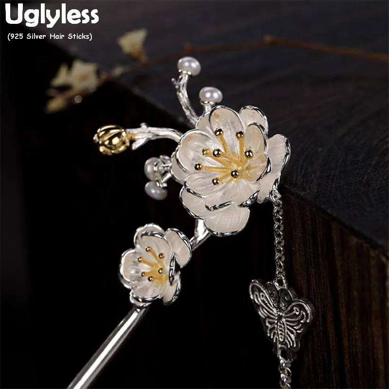 Uglyless Handmade Flowers Hair Sticks for Women Real 925 Silver Butterfly Leaves Tassels Forks Ethnic Floral Jewelry | Украшения и