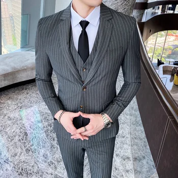 ( Jacket + Vest + Pants ) Boutique Fashion Striped Mens Casual Business Suit 3 Pcs Set Groom Wedding Dress Formal Striped Suit 
( Jacket + Vest + Pants ) Boutique Fashion Striped Mens Casual Business Suit 3 Pcs Set Groom Wedding Dress Formal Striped Suit