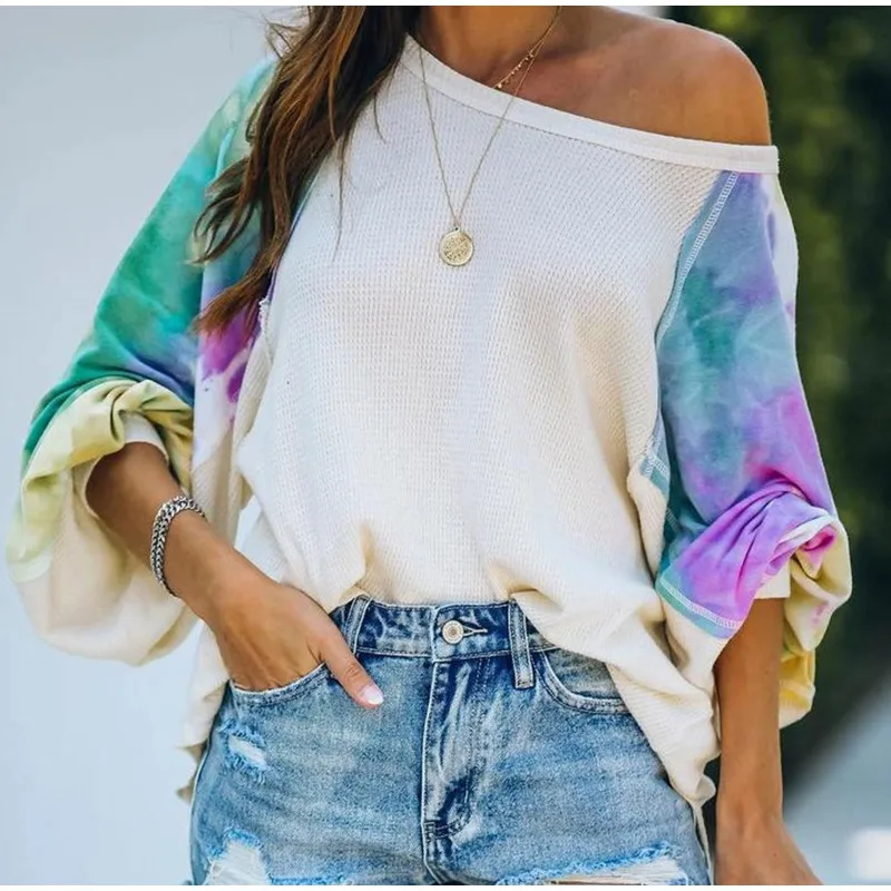 FEMLE Womens Tie Dye Shirt Fall Clothing Waffle Knit Off Shoulder Color Block Batwing Sleeve Pullover Sweaters