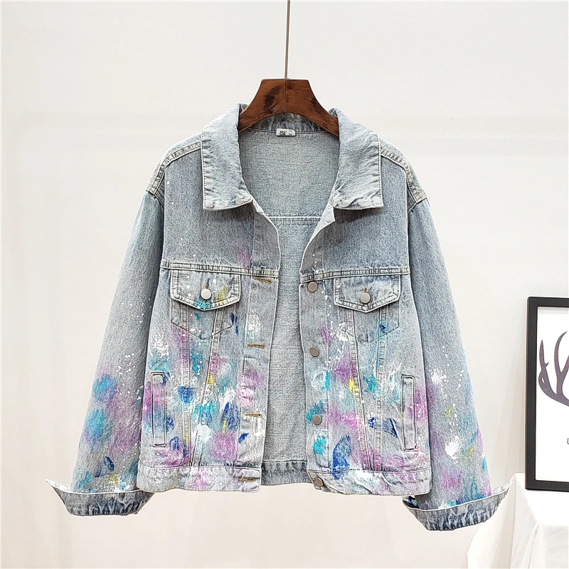 Wash Vintage Short Denim Jacket Women Spring Loose Splash ink Hand Painted Jeans Coat Female Outerwear Casual Streetwear | Женская