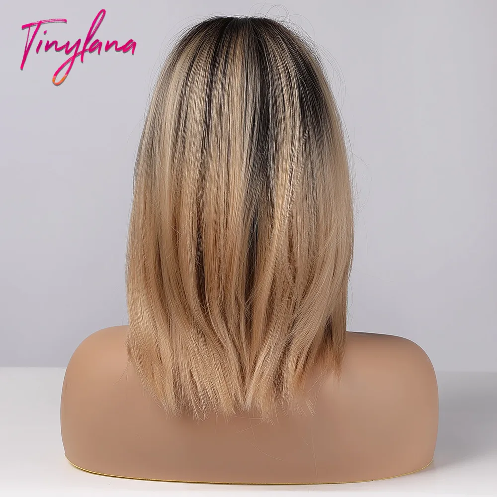 TINY LANA Long Straight Hair With Bangs Ombre Dark Brown Blonde Woman Wigs High Temperature Fiber Synthetic Wigs Cosplay Daily