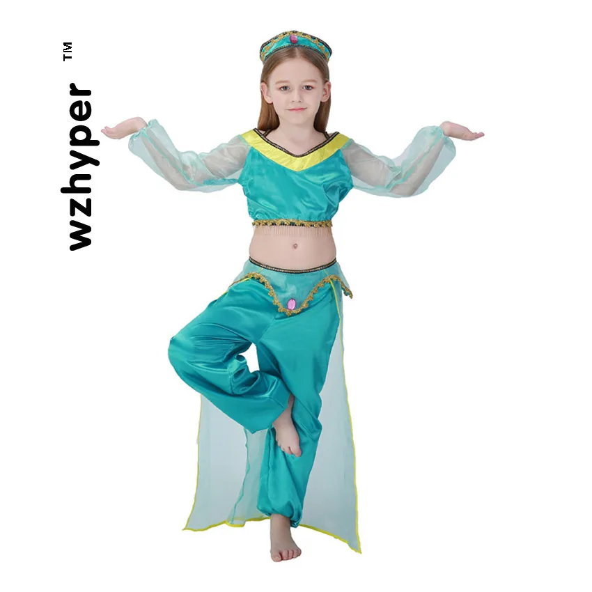 Фото Belly Dance Children's Day Girl Cosplay Stage Costumes for Kids Green Top Pants Hat Gypsy Skirt Arab Indian sudan princess |