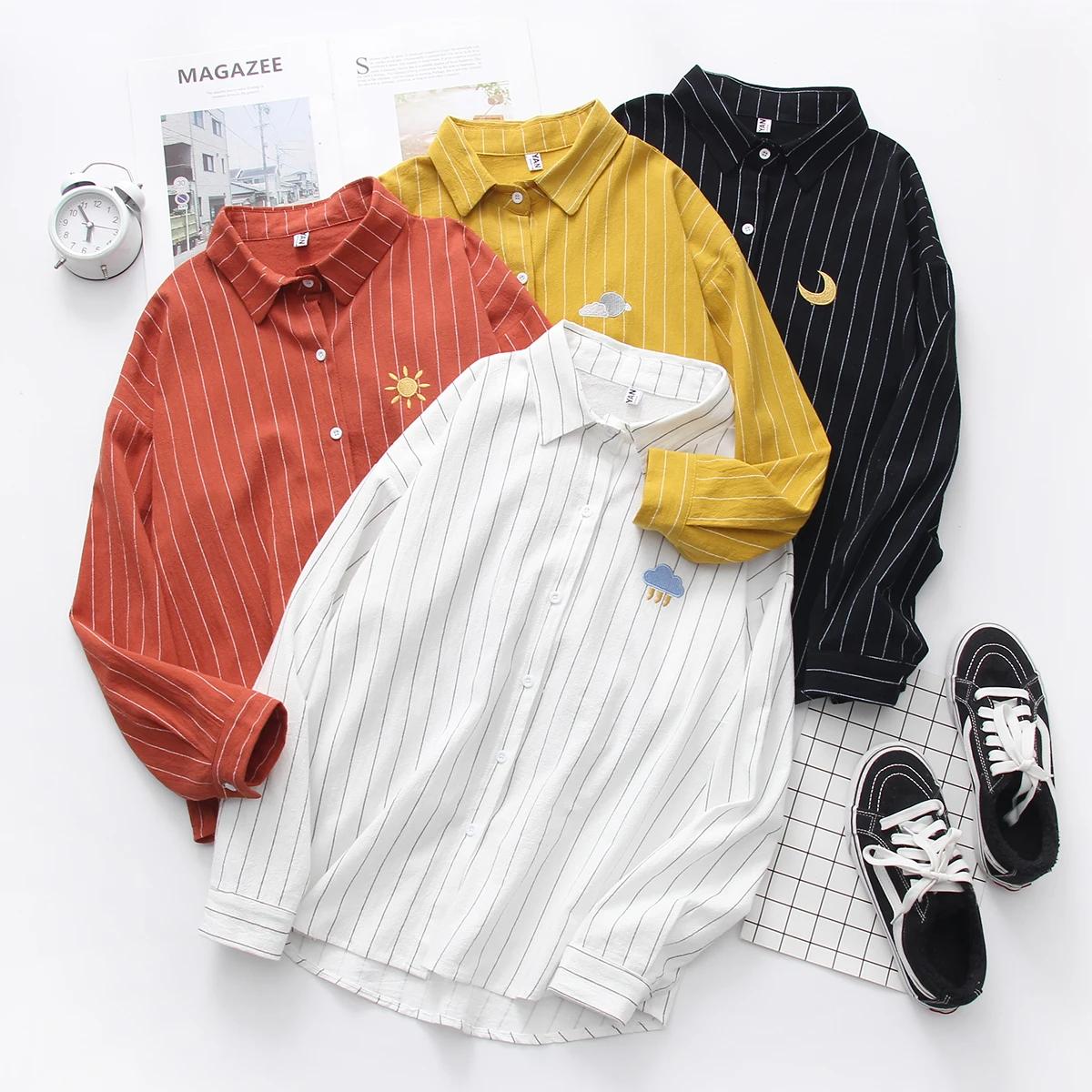 Spring Autumn Women Korean Long Sleeve Office Blouse 2019 Kawaii Striped Shirt Female Harajuku Weather Embroidery Shirts
Spring Autumn Women Korean Long Sleeve Office Blouse 2019 Kawaii Striped Shirt Female Harajuku Weather Embroidery Shirts