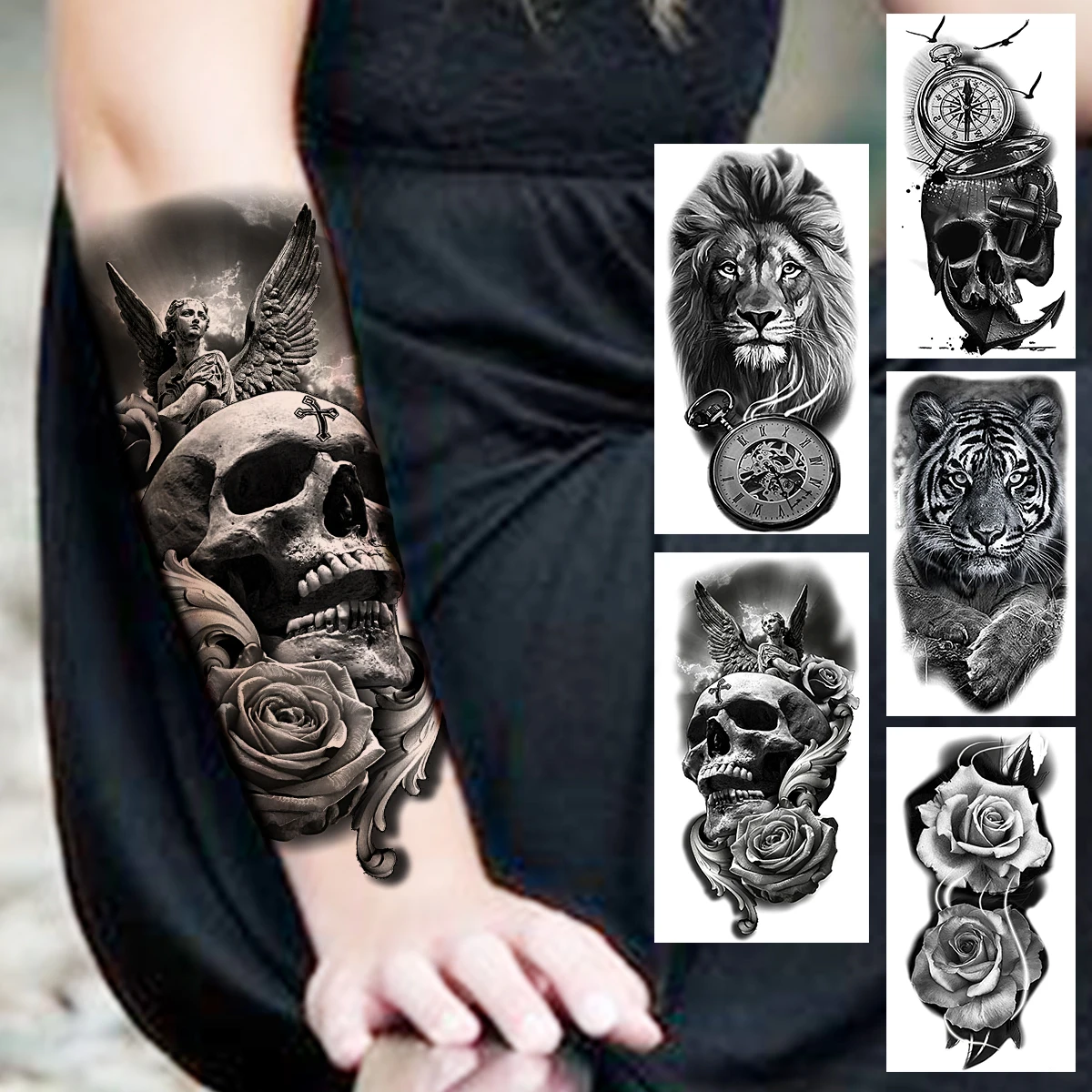 

Skull Angel Wing Temporary Tattoos For Women Men Realistic Lion Tiger Rose Flower Compass Fake Tattoo Sticker Forearm Tatoos