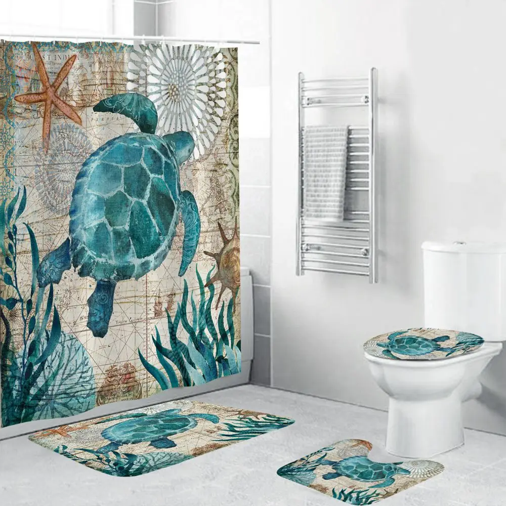 Sea Turtle Shower Curtain Set with Non-Slip Bath Mat Toilet Lid Cover Nautical Ocean Waterproof Shower Curtains for Bathroom
Sea Turtle Shower Curtain Set with Non-Slip Bath Mat Toilet Lid Cover Nautical Ocean Waterproof Shower Curtains for Bathroom